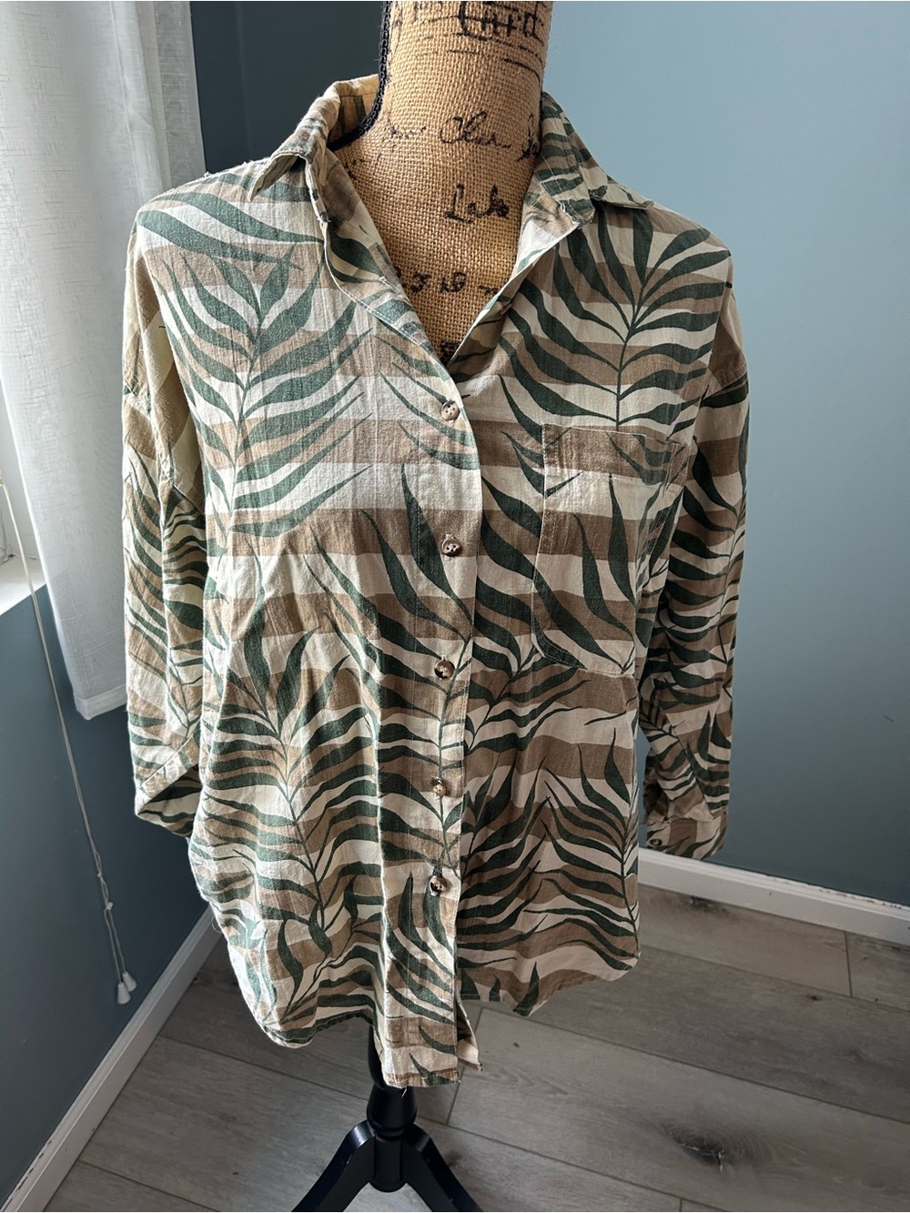 Details Green and Cream Leaf Print Cotton Shirt
